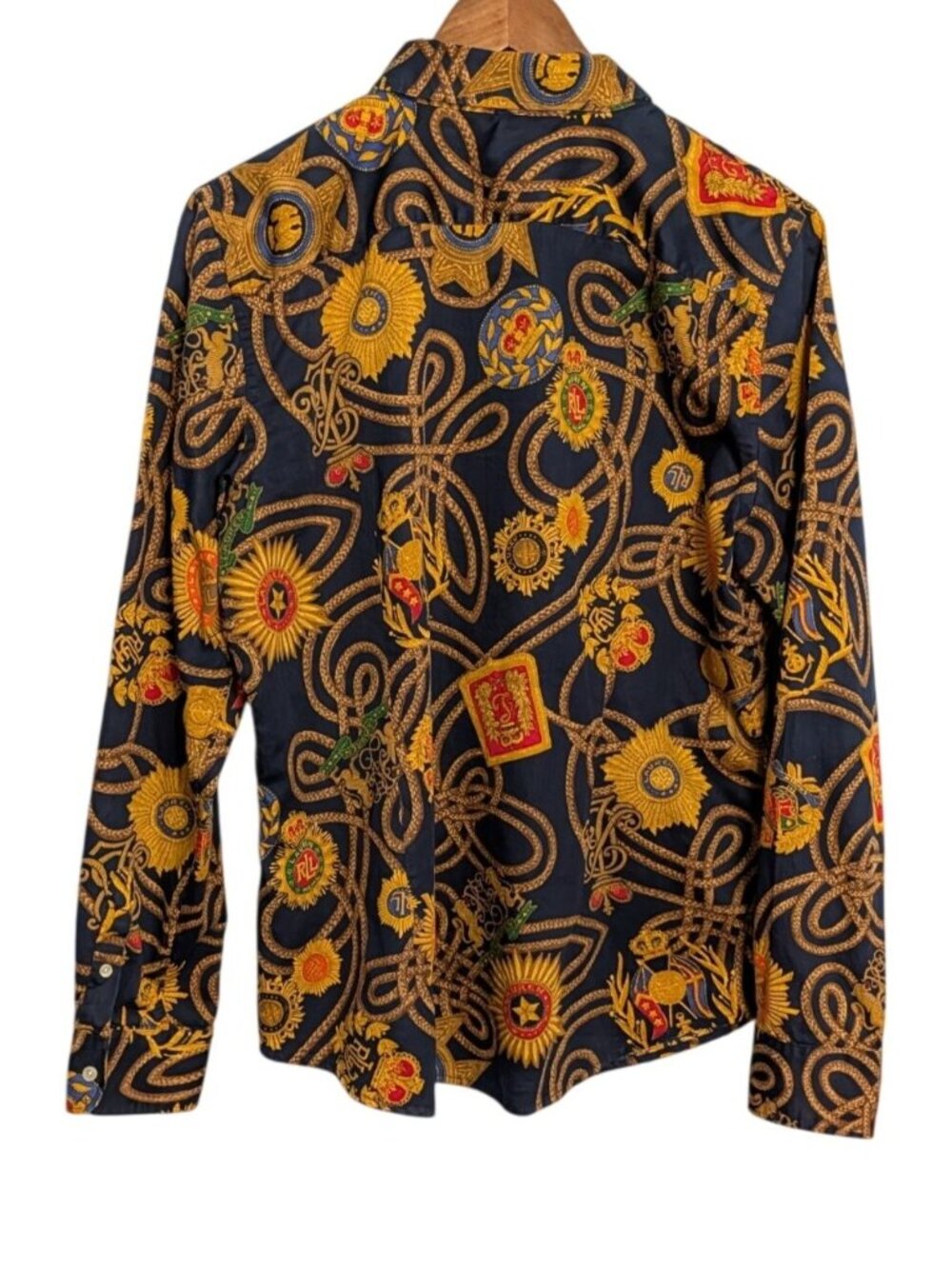 Lauren Ralph Lauren Navy Blue Button-Up Blouse Gold Chain Emblem Print Womens XL - Picture 2 of 14